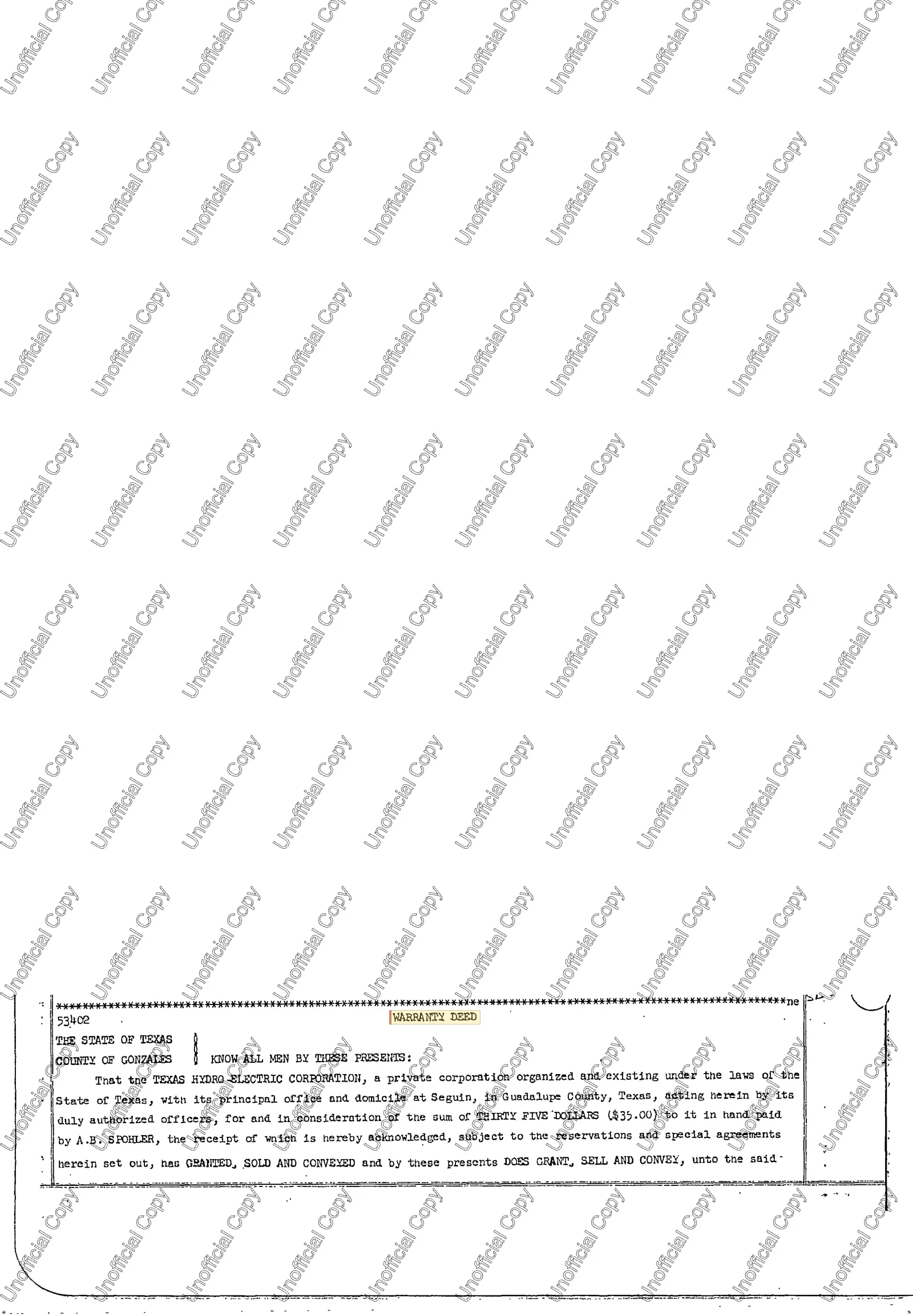 Texas Hydro Electric Corporation - Recorded Warranty Deed (Vol. 334, Page 92)
