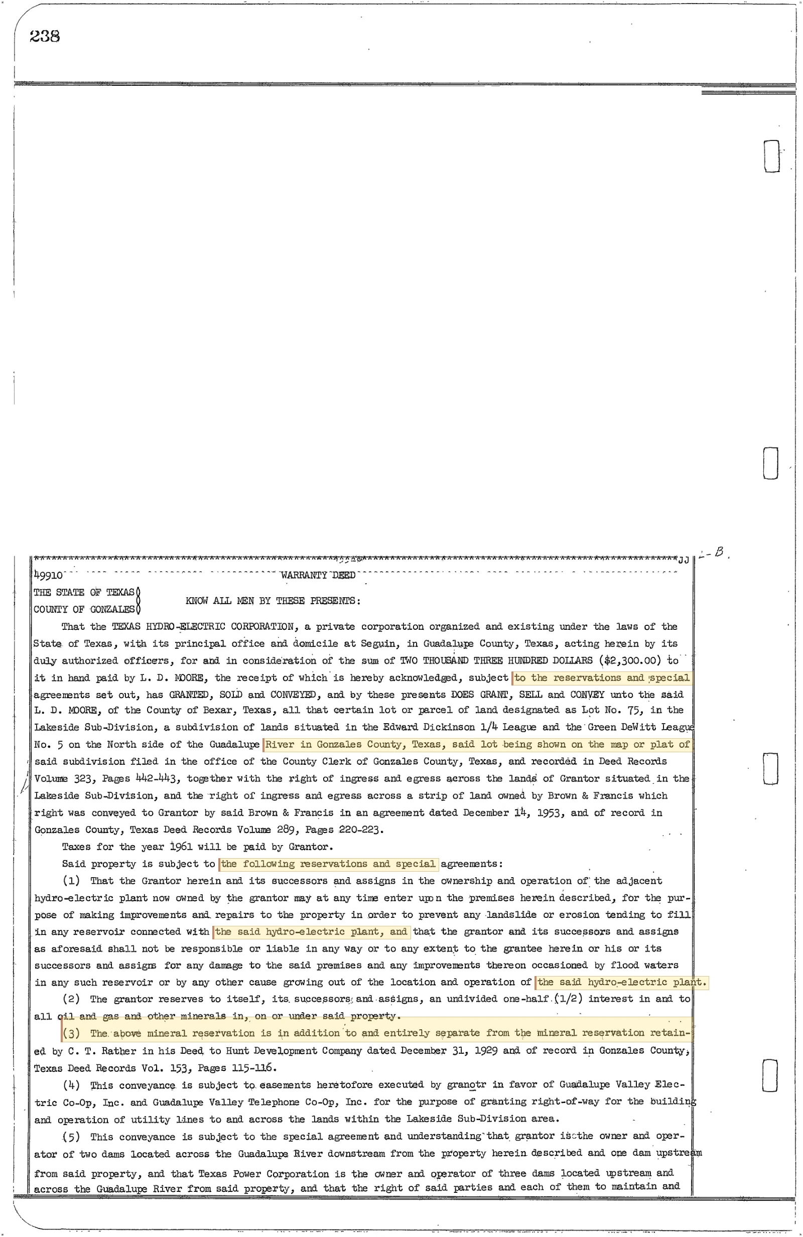 Texas Hydro Electric Corporation - Recorded Warranty Deed (Vol. 327, Page 238)